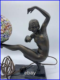 RARE Art Deco Millefiori Lamp With Dancer Balancing Glass Globe On Her Foot Works