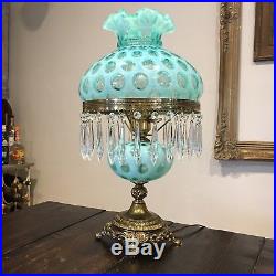 RARE Fenton Glass Persian Turquoise Blue Coin Dot Parlor Lamp Opalescent WORKS