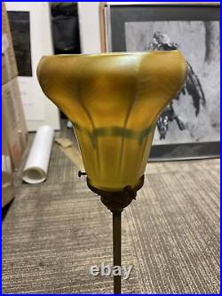 RARE PAIR CANDLESTICK DESK LAMP signed QUEZAL GOLD ART GLASS SHADE 18