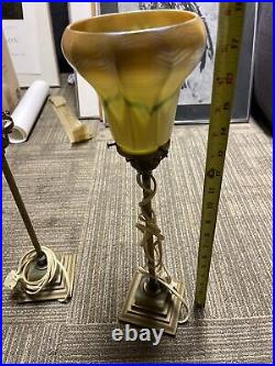 RARE PAIR CANDLESTICK DESK LAMP signed QUEZAL GOLD ART GLASS SHADE 18