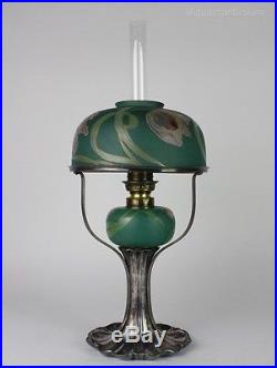 RARE Signed Pairpoint Silverplate w Mt Washington Art Nouveau Glass Oil Lamp RDR