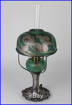 RARE Signed Pairpoint Silverplate w Mt Washington Art Nouveau Glass Oil Lamp RDR