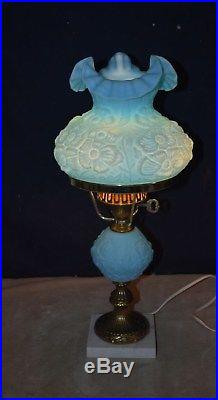 RARE VINTAGE FENTON BLUE SATIN POPPY LAMP WithMARBLE BASE CLEAN