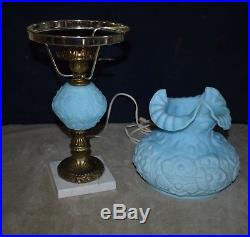 RARE VINTAGE FENTON BLUE SATIN POPPY LAMP WithMARBLE BASE CLEAN