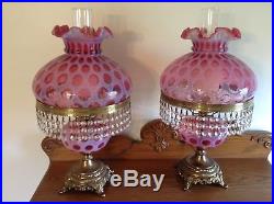 RARE VTG FENTON ART GLASS CRANBERRY OPALESCENT COIN DOT LAMP With PRISMS 1 OF 2