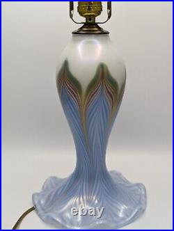 RARE Vandermark Opalescent Pulled Feather Art Glass Table Lamp Blue Signed