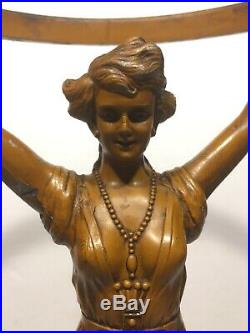 RARE Vintage Art Deco Spelter Metal Figural Lady Base For Glass Fruit Lamp