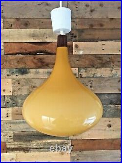 Rare 1960's Holmegaard Amber Yellow Glass & Teak Ceiling Light Onion Lamp Shade