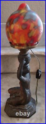 Rare Antique Art Deco Figural Sculpture Lamp with Antique Czech Art Glass Shade