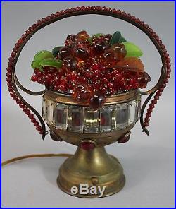Rare Antique Czechoslovakia Czech Art Glass Fruit Lamp with Prisms & Jewels, NR