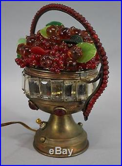 Rare Antique Czechoslovakia Czech Art Glass Fruit Lamp with Prisms & Jewels, NR
