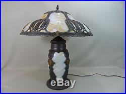 Rare Antique Slag Glass Panel Art Nouveau Lamp with Lighted Base Handel B&H Era