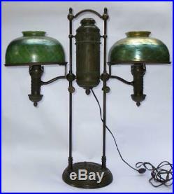 Rare Antique Tiffany Studios Old Art Glass Double Student Bronze Wired Oil Lamp