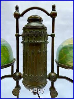 Rare Antique Tiffany Studios Old Art Glass Double Student Bronze Wired Oil Lamp