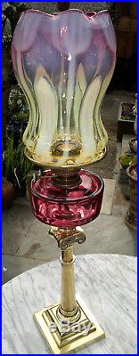 Rare Antique Victorian Art Nouveau Vaseline & Cranberry Glass Oil Lamp Art Glass