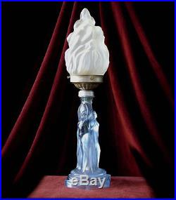 Rare Art Deco Blue Satin Glass Walther'The Three Graces' Torchiere Lamp, c. 1930