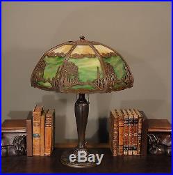Rare Arts & Crafts Scenic Double Panel Slag Glass Lamp