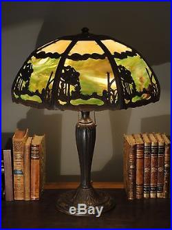 Rare Arts & Crafts Scenic Double Panel Slag Glass Lamp