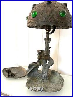 Rare Austrian Art Nouveau Jewelled Bronze Table Lamp & Calling Card Tray