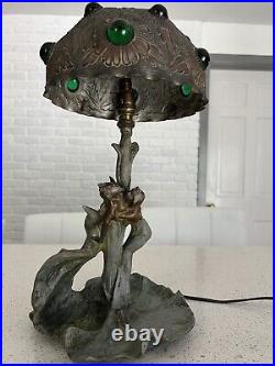 Rare Austrian Art Nouveau Jewelled Bronze Table Lamp & Calling Card Tray