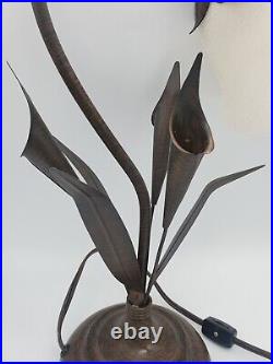 Rare Bronze Metal Art White Glass Calla Lily Tulip Pond Frosted Lamp Vintage