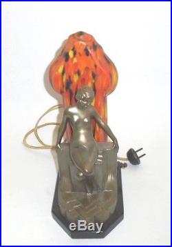Rare Czech Deco Figural Nude Table Lamp with Mottled Art Glass Shade