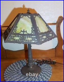 Rare MILLER & CO Filigree Art Nouveau Desk Table Lamp Slag Green Glass Shade