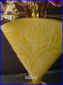 Rare Steuben Art Glass Yellow Acid Etched Boudoir Fan Lamp withBone China Flowers