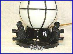Rare Vintage Art Deco Black Glass Onyx 3 Elephant Lamp W Round White Black Globe