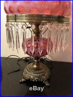 Rare Vintage Fenton Art Glass Cranberry Opalescent Coin Dot Lamp Prisms
