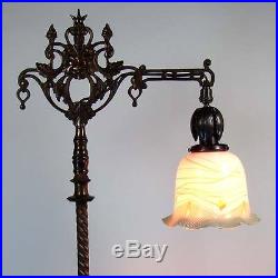 Rembrandt Brass & Marble Floor Lamp with Lion Head and Art Glass Shade 1920's