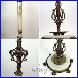 Rembrandt Brass & Marble Floor Lamp with Lion Head and Art Glass Shade 1920's