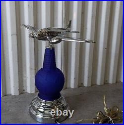 Reproduction Blue Cobalt 1939 Worlds Fair Art Deco Airplane Lamp / READ