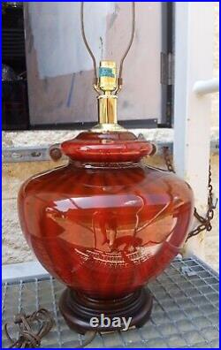 SET OF 2 LARGE Vtg RED GLASS & BRASS TABLE LAMPS. CHINESE GINGER JAR STYLE. 29