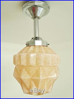SUPERB ART DECO PINK GLASS CHANDELIER LIGHT LAMP GEOMETRIC SHADE FRENCH 1930's