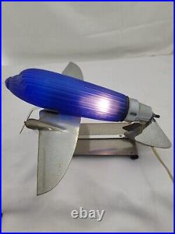 Sarsaparilla Vintage Art Deco Colbalt Blue Glass Air Plane Table Lamp