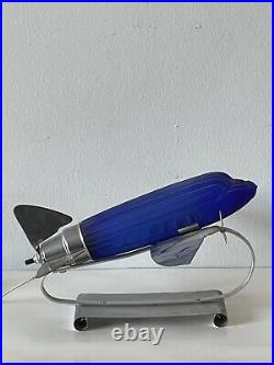 Sarsaparilla Vintage Art Deco Colbalt Blue Glass Air Plane Table Lamp Old Modern