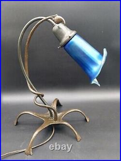 Scott Nelles Studios Art Nouveau Signed Bronze Lamp Carl Radke Blue Aurene Shade