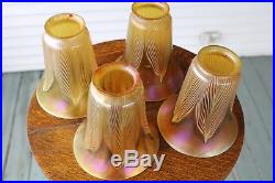 Set 4 Art Glass Shade Signed By Quezal Pulled Feather Design Lamp Shade Steuben