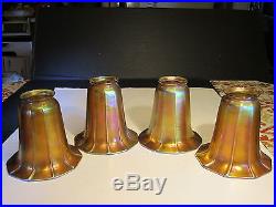 Set of 4 Antique Gold Aurene Quezal Ribbed Art Glass Lamp Shades