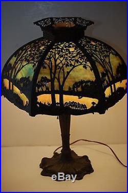 Signed 1912 Royal Art Glass Co Slag Glass 12 Panel Lamp skyline scene light