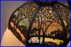 Signed 1912 Royal Art Glass Co Slag Glass 12 Panel Lamp skyline scene light