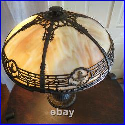 Signed Antique Bradley Hubbard Arts & Crafts Era Slag Glass Lamp 3 Socket B&H