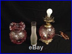 Signed Fenton Empress Pink Glass Puffy Cabbage Rose Gone With the Wind Lamp