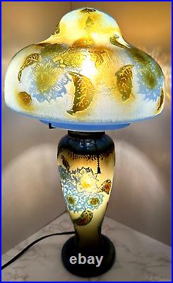 Signed LeMaitre French Cameo Glass Table Lamp Blue Frosted Floral Galle Style