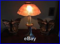 Signed tiffany studios favrile art glass damascene candle lamp base and shade
