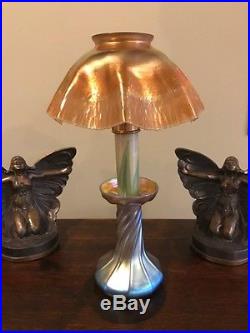 Signed tiffany studios favrile art glass damascene candle lamp base and shade