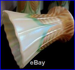 Six Gorgeous Matching Pulled Feather Iridescent Quezal Art Glass Lamp Shades