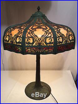 Slag glass antique arts crafts Victorian handel Bradley hubbard era panel lamp