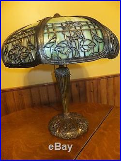 Slag glass ­arts crafts antique mission vintage Green 8 panel 3 bulb lamp